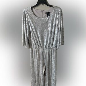 Prelude womens silver dress jumpsuit medium M zipper elastic waist